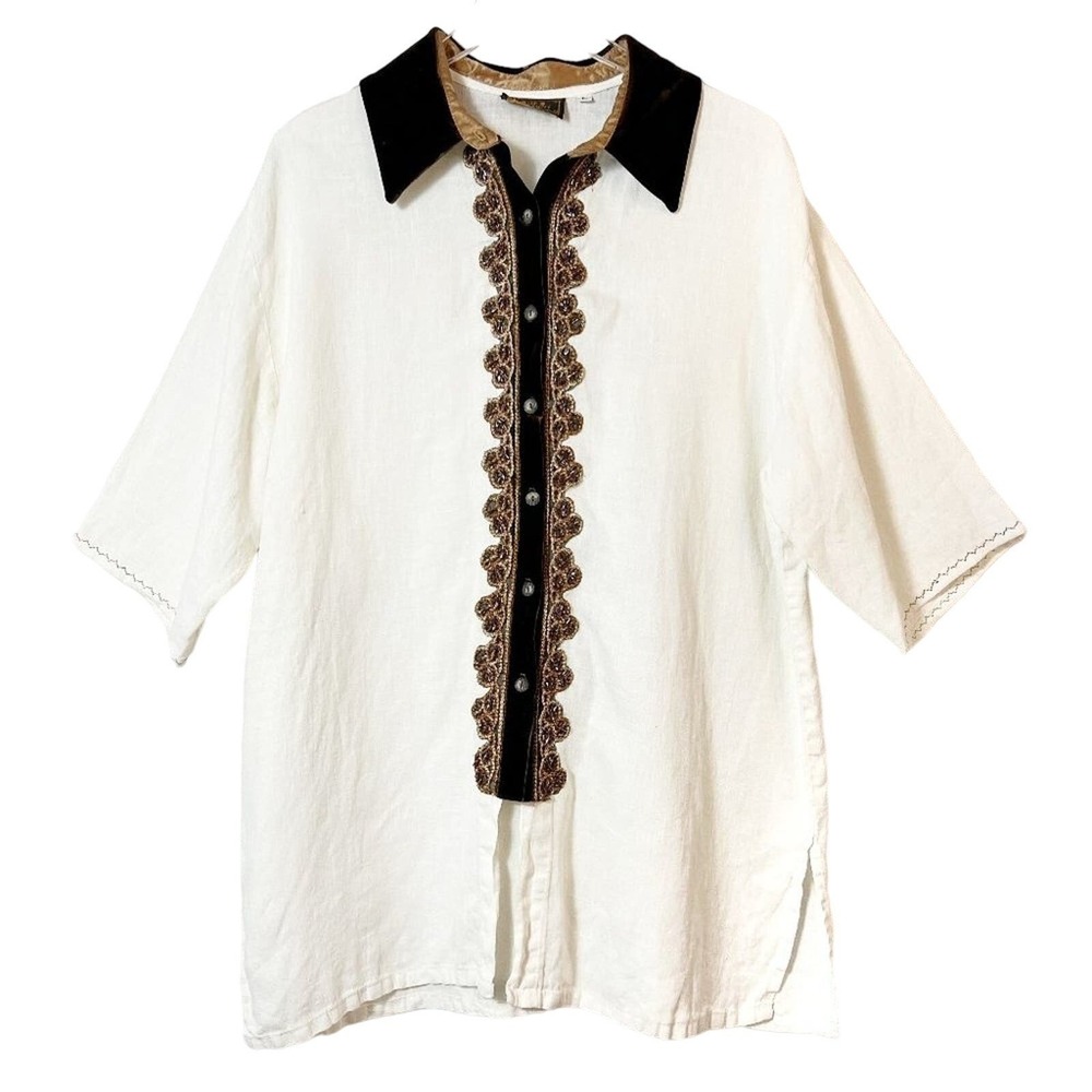 Basement U.S.A. Vintage Cream Linen Brown Velvet‎ Collar Tunic Women's Size L